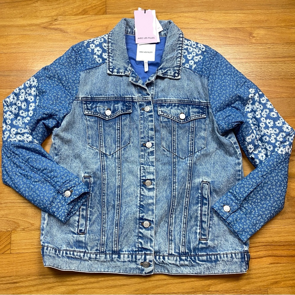 NWT Avec Les Filles Anthropologie Jean Jacket With Flower Pattern Size Large